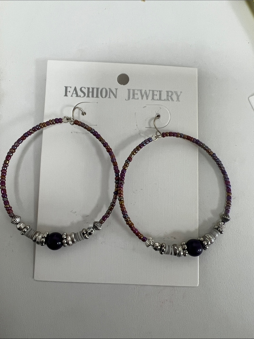 Fashion Jewelry Purple and Silver Beaded Hoop Earrings